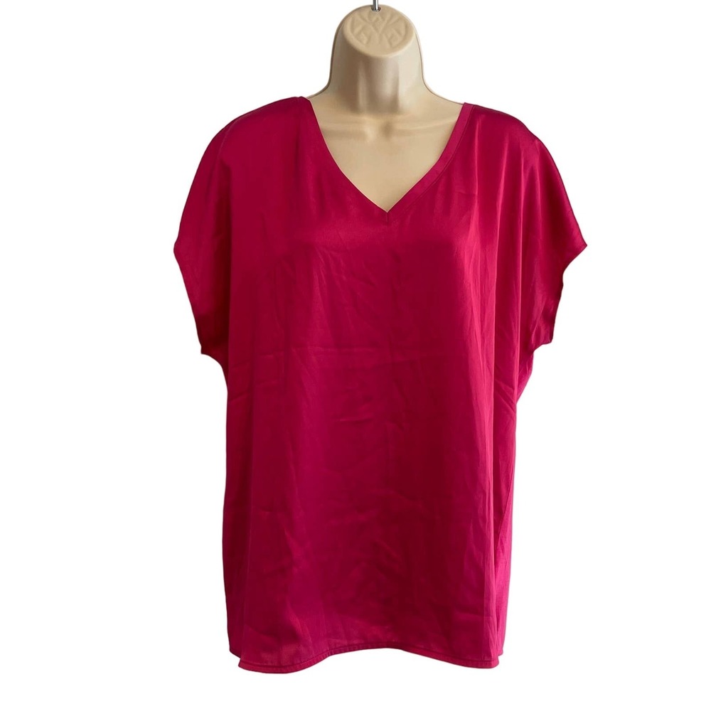 Lane Bryant‎ Magenta Pink V-Neck Mixed Media Satin Front Top 14/16